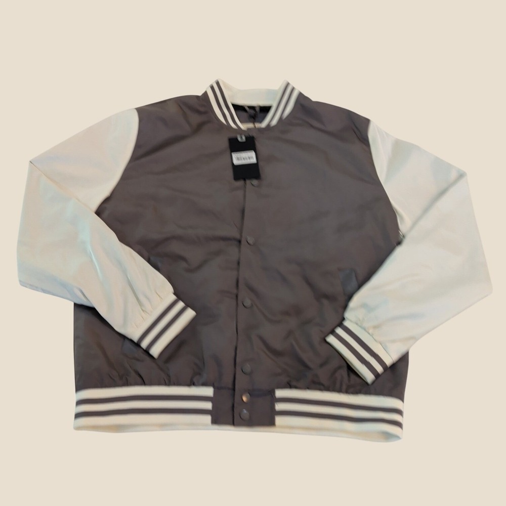 NWT Zak Brand Charcoal Grey Satin Varsity Bomber Jacket Size Large